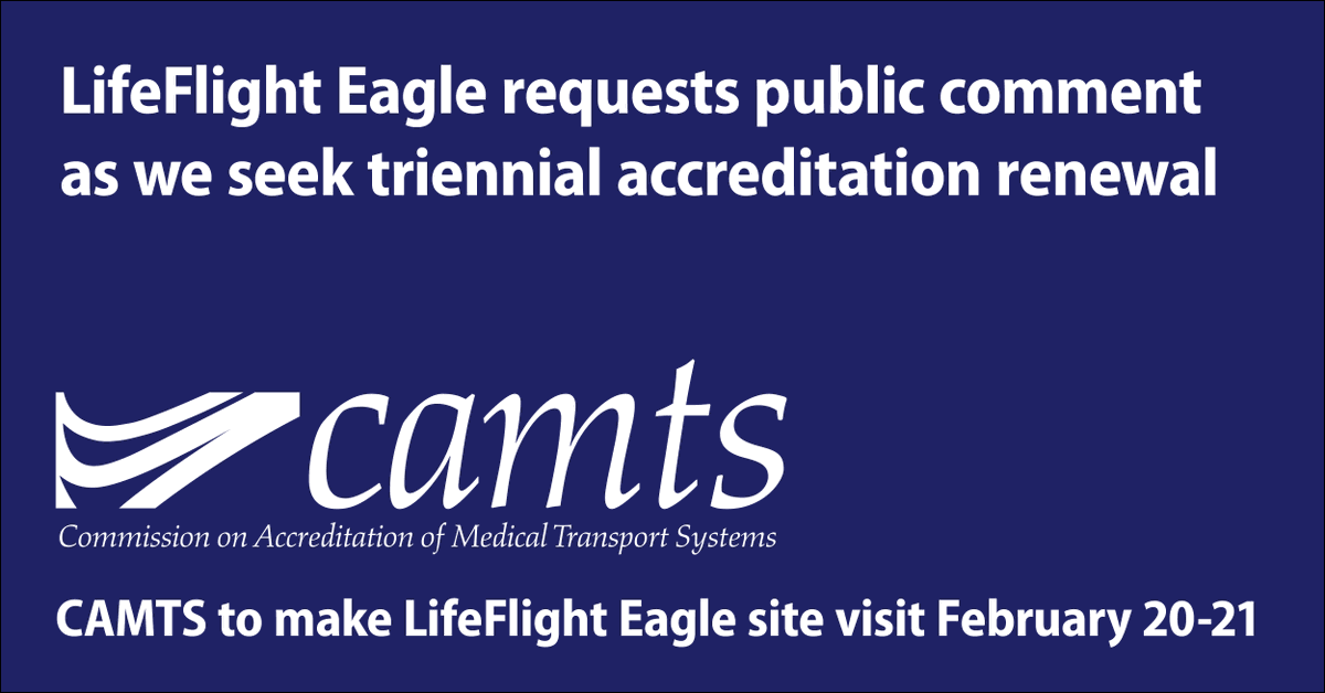 LifeFlightEagle's tweet photo. NOTICE
The Commission on Accreditation of Medical Transport Systems will conduct an accreditation site visit of LifeFlight Eagle on February 20-21, 2022.
For details, see our website--> https://t.co/avDYTAIJK8
#CAMTS #LifeFlight https://t.co/TeZnbeX78a
