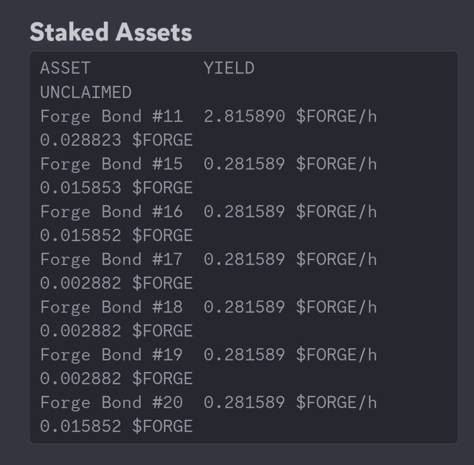 Works like a charm! Either burn the bond for a one time reward or keep them collecting passive income 🔥 <a href="/IOHK_Charles/">Charles Hoskinson</a> we are bringing discord and Cardano together! The forgebot is all on discord, making it easy to use! #CardanoCommunity #Cardano
