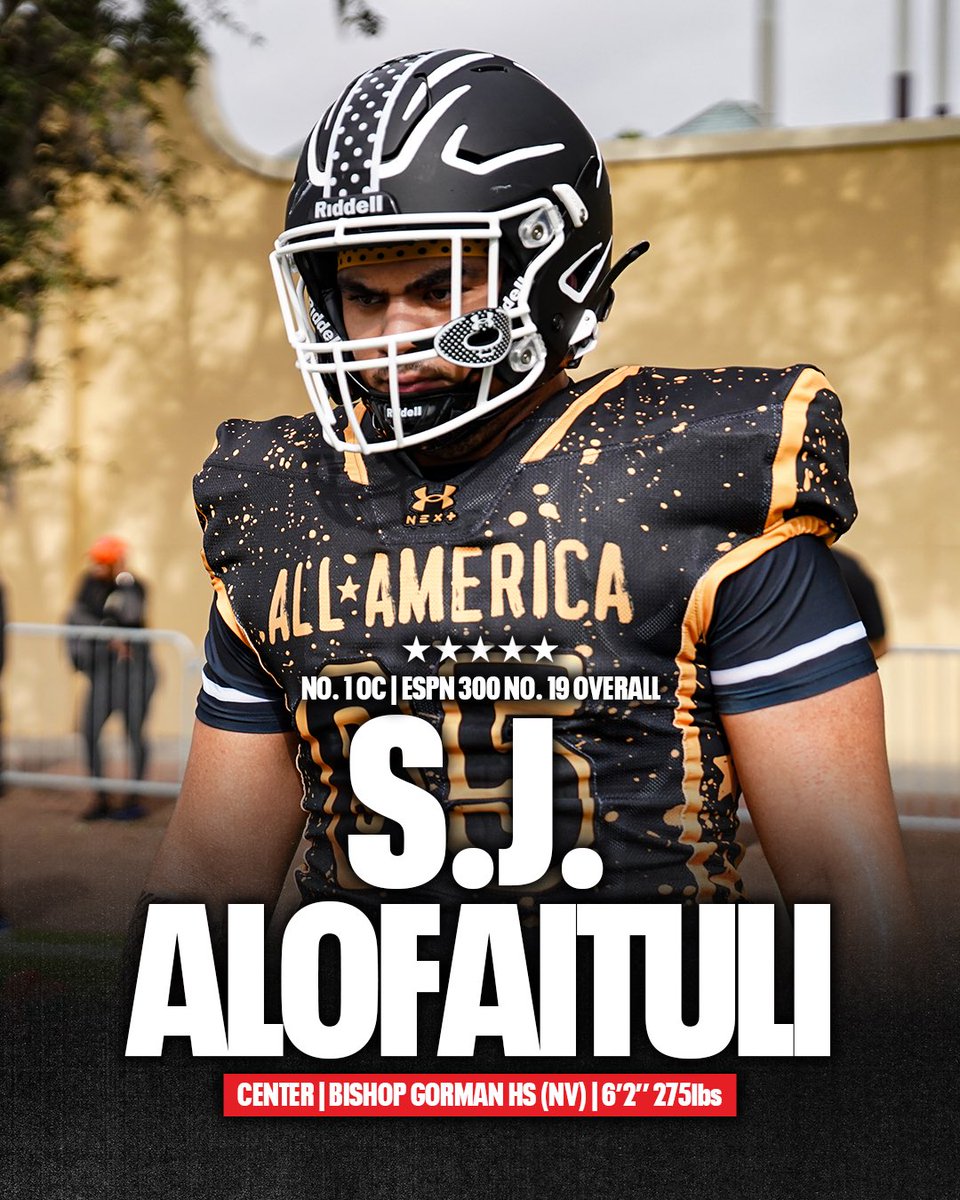 Billy Tucker (@theucreport) on Twitter photo S.J. Alofaituli lands as the No. 1 center and No. 19 overall prospect in the final ESPN 300 update 💪 <a href="/AlofaituliSj/">‘SJ’ Seuseu Alofaituli</a>
A core piece of Bishop Gorman’s offensive line during his high school career, the 5-star is headed to play for Miami at the next level 😤
espn.com/college-footba… S.J. Alofaituli lands as the No. 1 center and No. 19 overall prospect in the final ESPN 300 update 💪 <a href="/AlofaituliSj/">‘SJ’ Seuseu Alofaituli</a>
A core piece of Bishop Gorman’s offensive line during his high school career, the 5-star is headed to play for Miami at the next level 😤
espn.com/college-footba…