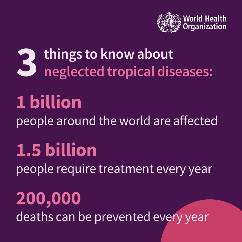 WHO's tweet photo. Today is World Neglected Tropical Diseases Day.

DYK, these diseases - such as sleeping sickness, rabies, leprosy, guinea worm disease - affect 1 billion people worldwide https://t.co/kozvJDKFF0

 #NeglectedNoMore