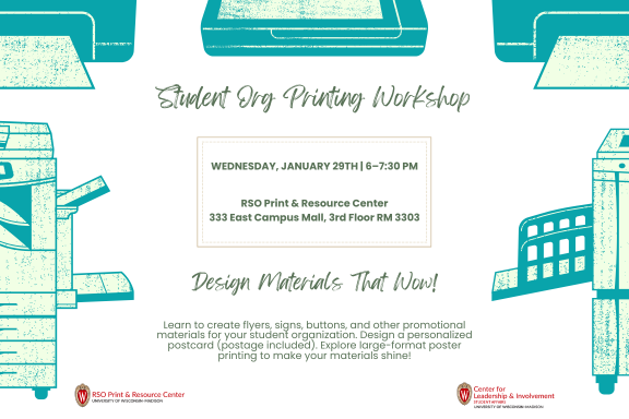 SOLI @ UW-Madison (@uw_soli) on Twitter photo Gear up for the RSO Fair by joining us TONIGHT, from 6-7:30 PM at the RSO Print & Resource Center! Learn how to create flyers, handouts, signs, and buttons to promote your student organization, and enjoy hands-on printing demonstrations. Don't miss this chance! Gear up for the RSO Fair by joining us TONIGHT, from 6-7:30 PM at the RSO Print & Resource Center! Learn how to create flyers, handouts, signs, and buttons to promote your student organization, and enjoy hands-on printing demonstrations. Don't miss this chance!