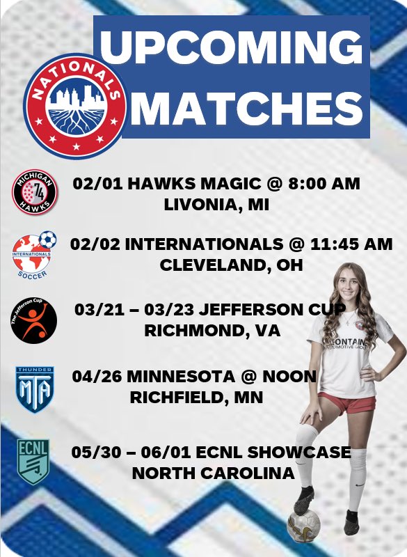 Maggie Baginski (2027) Midfield ⚽️ (@maggiebaginski) on Twitter photo Updated calendar for upcoming matches.
#ChangeTheGame
<a href="/NationalsGA/">Nationals Girls Academy</a> <a href="/wearesoccershow/">We Are Soccer ⚽️</a> <a href="/ImCollegeSoccer/">College Soccer Truth ™</a> <a href="/wearesoccer_mi/">We Are Soccer Michigan</a> <a href="/TheSoccerWire/">SoccerWire</a> <a href="/TopPreps/">SPORTS NEWS, VIDEOS, GRAPHICS, EXPOSURE & MORE</a> <a href="/SunilSportsNews/">Sports News By Sunil Sunder Raj</a> Updated calendar for upcoming matches.
#ChangeTheGame
<a href="/NationalsGA/">Nationals Girls Academy</a> <a href="/wearesoccershow/">We Are Soccer ⚽️</a> <a href="/ImCollegeSoccer/">College Soccer Truth ™</a> <a href="/wearesoccer_mi/">We Are Soccer Michigan</a> <a href="/TheSoccerWire/">SoccerWire</a> <a href="/TopPreps/">SPORTS NEWS, VIDEOS, GRAPHICS, EXPOSURE & MORE</a> <a href="/SunilSportsNews/">Sports News By Sunil Sunder Raj</a>