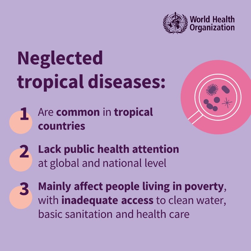 WHO's tweet photo. Today is World Neglected Tropical Diseases Day.

DYK, these diseases - such as sleeping sickness, rabies, leprosy, guinea worm disease - affect 1 billion people worldwide https://t.co/kozvJDKFF0

 #NeglectedNoMore