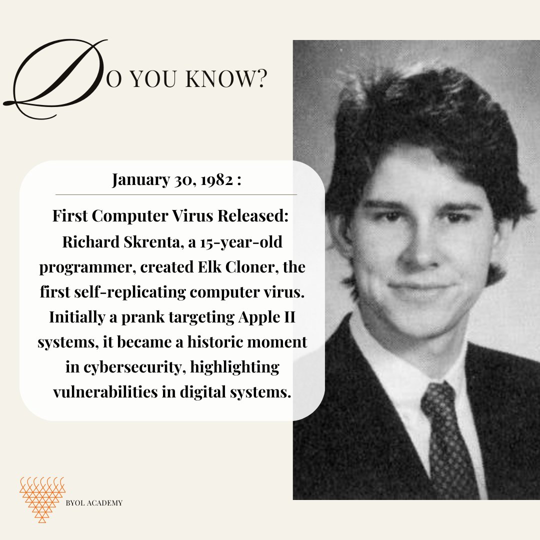 byolacademy's tweet photo. Elk Cloner: The prank that started a cybersecurity nightmare! 🦠🔓

#FirstVirus #CyberHistory #HackThePast #ElkCloner #history #todayinhistory #today #byolacademy https://t.co/uf3g8rMTKK