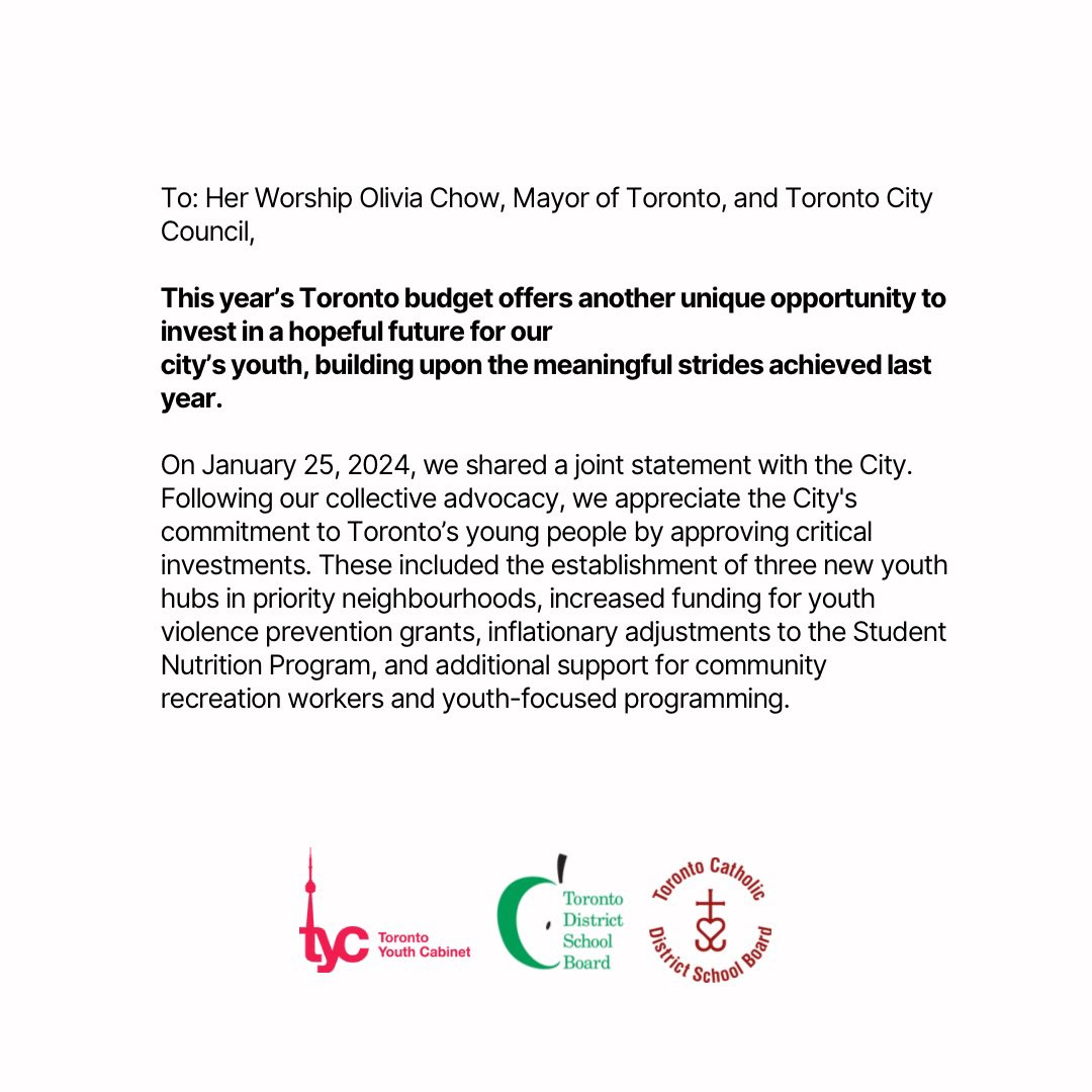 In Case You Missed It‼️

On behalf of the Toronto Youth Cabinet and the approximately 325,000 students of the Toronto District School Board <a href="/tdsb/">Toronto District School Board</a> &amp; the Toronto Catholic District School Board <a href="/TCDSB/">Toronto Catholic District School Board</a>, we are jointly calling for <a href="/MayorOliviaChow/">Mayor Olivia Chow 🇨🇦</a> to make investments to support youth.