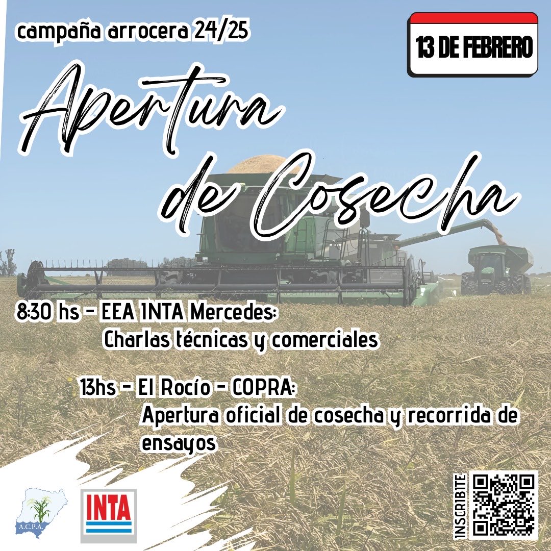 Apertura de cosecha de arroz en Corrientes, principal provincia productora argentina. Inscripción forms.gle/dAxqsqkcvRiwLV…    Organiza: INTA &amp; Asociación Correntina de Plantadores de Arroz #arroz #agricultura #produccion