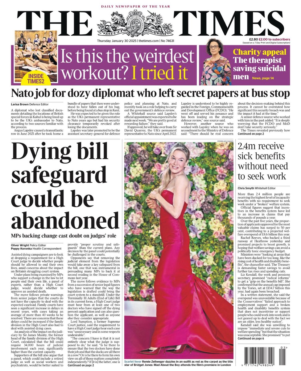 Front pages of The Times and The Daily Telegraph for Stephen Lock's picture of Renee Zellweger at the premiere of Bridget Jones : Mad About the Boy  #newspapers #BridgetJones #BridgetJonesMovie #film #photography