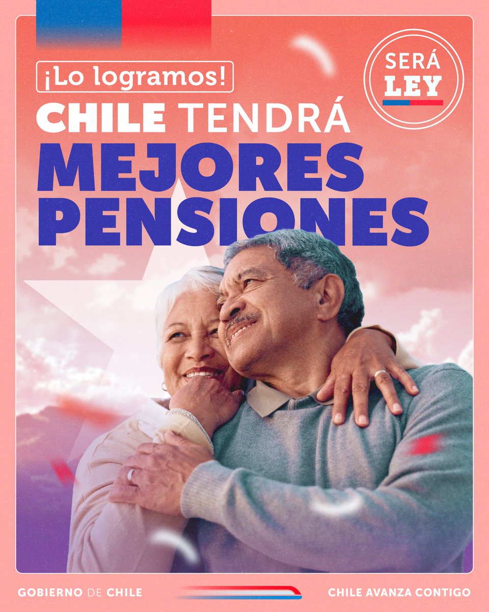 DPPMelipilla's tweet photo. 🇨🇱 ¡Chile hace historia y tendrá #MejoresPensiones!
👉 El Congreso Nacional aprobó y despachó a Ley la #ReformaPrevisional que permitirá a millones de pensionados y pensionadas de nuestro país tener mejores condiciones de vida.👏👏👏
#DPPMelipilla 🇨🇱 https://t.co/Tf3AJSBZ9q