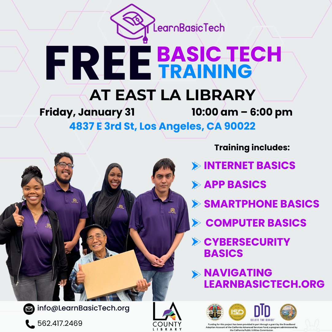 learnbasictech's tweet image. 📢 FREE Basic Tech Training at East LA Library! 💻✨
🗓 Jan 31, 2025 | ⏰ 10 AM – 6 PM
📍 4837 E 3rd St, Los Angeles, CA
📩 info@LearnBasicTech.org | 📞 562.417.2469
#LearnBasicTech #DeleteTheDivide #EastLA #FreeTraining