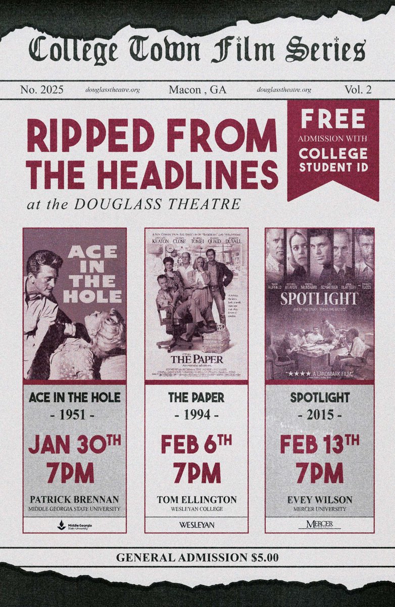 MGAstateU's tweet photo. Time for a #MovieKnight โ๏ธ๐ฟ
"Ripped From The Headlines" is the theme of the 2025 College Town Film Series, which kicks off tomorrow, Jan. 30, at the Douglass Theater in downtown Macon - FREE for #MGA students! ๐ฝ๐ โก๏ธ https://t.co/3VjbbKGYfI https://t.co/3yBhbLvCnI