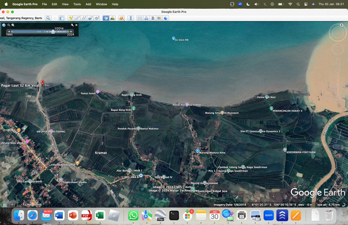 AriefParhusip's tweet photo. Untuk cek sendiri pagar laut, bisa download google earth pro, dan kita bisa lihat foto-foto kondisi area ditahun 2014, 2020, dan sampai Juni 2024.

Berikut beberapa contohnya https://t.co/1kZQe2MfGK