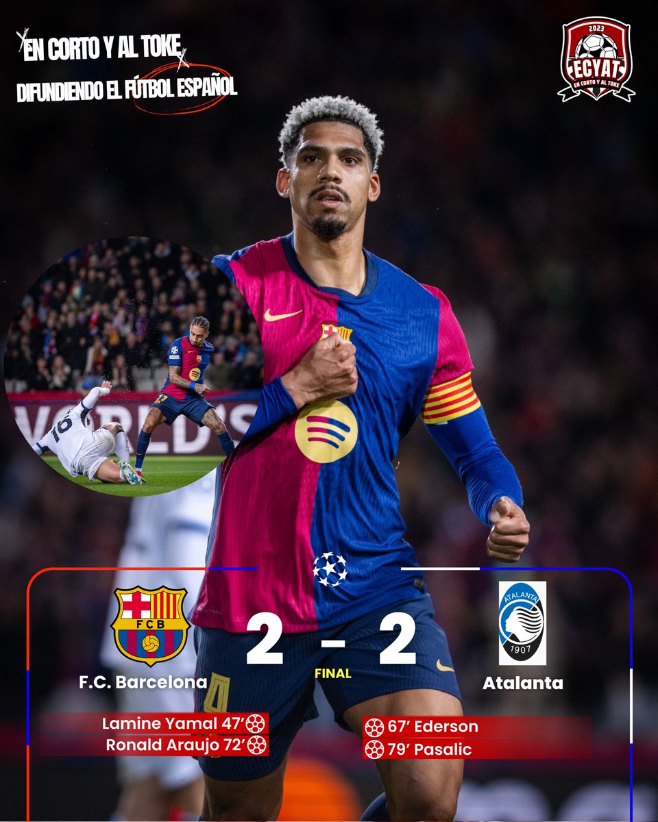 encortoyaltoke's tweet photo. 🤝ENPATE ENTRE EL BARCELONA CONTRA LA ATALANTA 

🏆El Barcelona se clasifica para los octavos de la champions League quedando segundos 

@fcbarcelona en X

#barcelona #atalanta #championsleague #encortoyaltoke https://t.co/EMR3xbBjkN