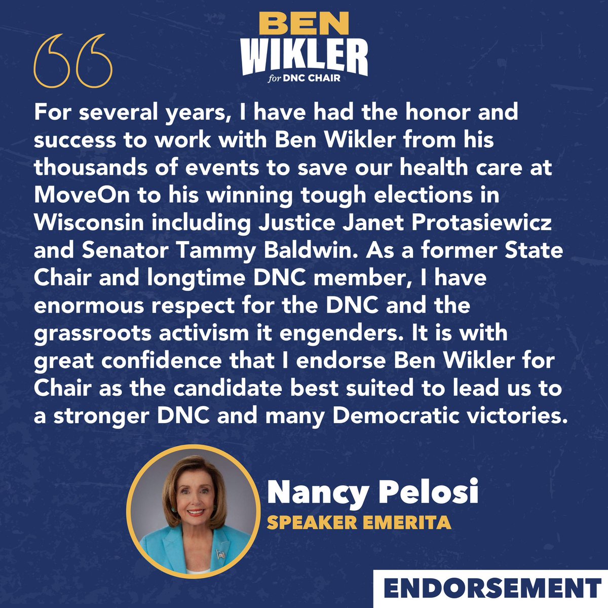 benwikler's tweet image. It is the honor of a lifetime to receive Speaker Emerita Pelosi’s endorsement for a DNC Chair campaign that is surging at this decisive moment.

Together we will unite our party, fight through this moment of crisis, and win victories that make a difference in people’s lives.