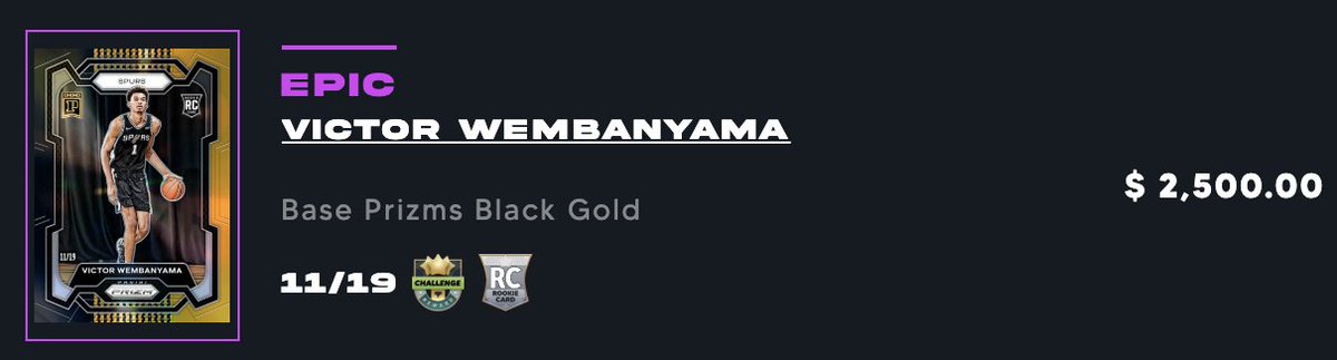 josh_nft17's tweet photo. #5 - 2023-24 @NBA #Prizm Victor #Wembanyama Base #Prizms Black Gold Challenge Reward /19 #PaniniNFT sells for $2500! https://t.co/WICyRD01T0