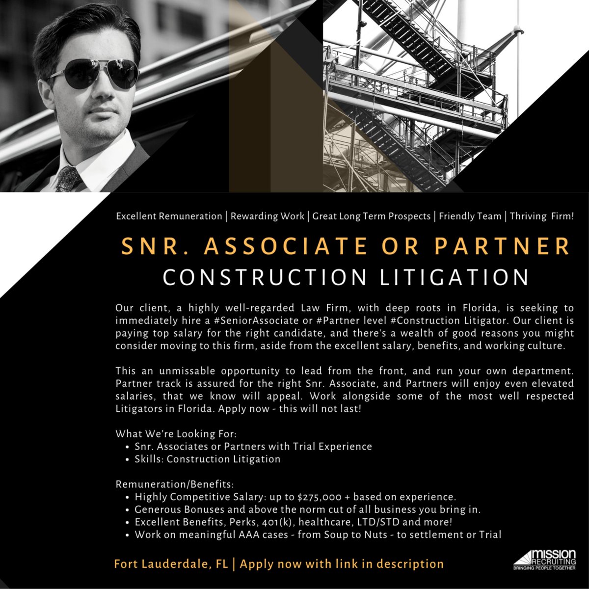 ShandWilde73's tweet photo. NEW! #JobOfTheWeek!🌴Hiring! Snr. Associate or Partner in 🏗️ #ConstructionLitigation ⚖️ Ft. Lauderdale, #FL🌴

Contact:
Tristan Muller
tristan@missionrecruiting.com
Direct: (214) 249-1452

#Hiring #FortLauderdale #FLJobs #LegalJobs #Partner #SeniorAssociate #Hiringnow #JobAlert https://t.co/8MwxizhJ69