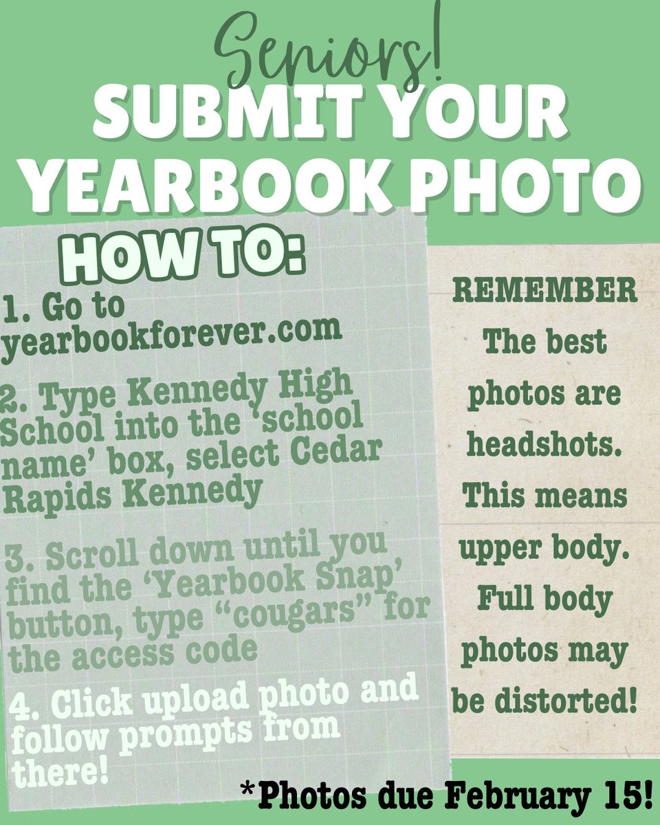 Torch (@kennedytorch) on Twitter photo IT’S TIME! Class of ‘25: submit your yearbook photos NOW! Make sure the photos are of upper body only. If they aren’t, you risk the image being cropped or distorted! <a href="/CRKennedyHigh/">Jason Kline</a> <a href="/CRCougars/">CR Kennedy</a> <a href="/cougs2025/">KHS Class Of ‘25</a> IT’S TIME! Class of ‘25: submit your yearbook photos NOW! Make sure the photos are of upper body only. If they aren’t, you risk the image being cropped or distorted! <a href="/CRKennedyHigh/">Jason Kline</a> <a href="/CRCougars/">CR Kennedy</a> <a href="/cougs2025/">KHS Class Of ‘25</a>