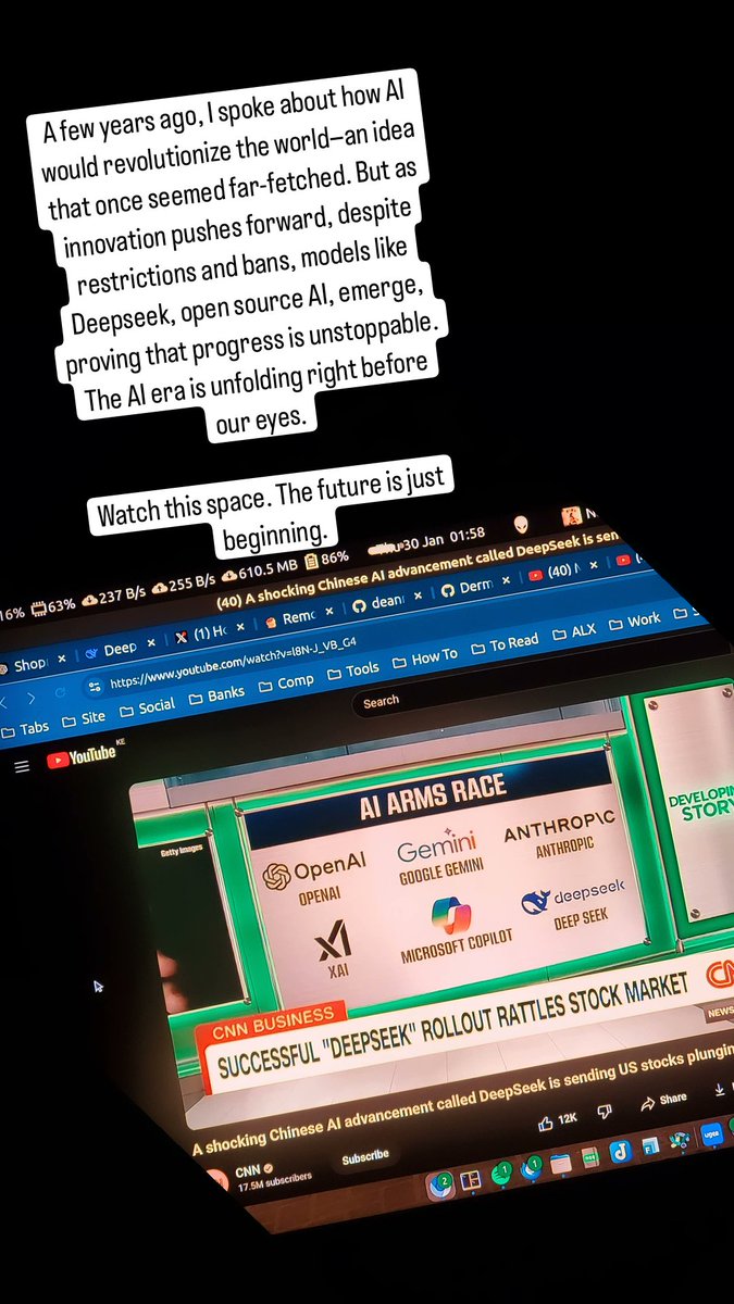 deanrobin333's tweet photo. A few years ago, I spoke about how #AI would revolutionize the world—an idea that seemed #crazy. But as innovation pushes forward, despite restrictions and bans, models like #Deepseek emerge, proving that progress is #unstoppable. The AI era is unfolding right before our #eyes https://t.co/5RtRaYgpF3