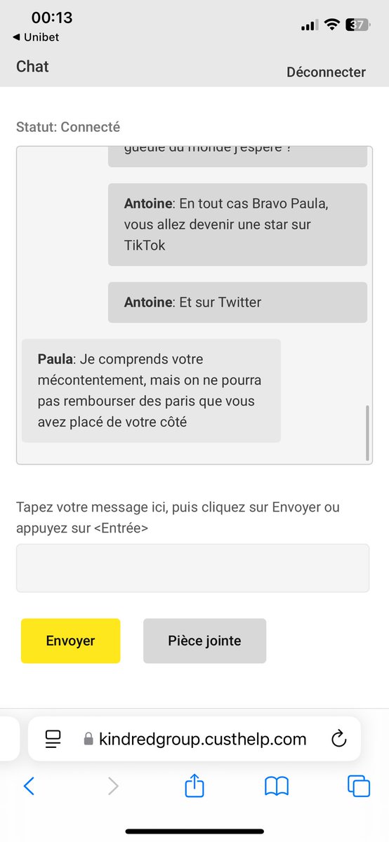 ReiRiaup's tweet photo. 00h15 : après 30 min d’attente, voici la conversation lunaire avec Unibet. Go boycott, on ne sera pas remboursés #Unibet #winamax https://t.co/zdTd2fDMe5