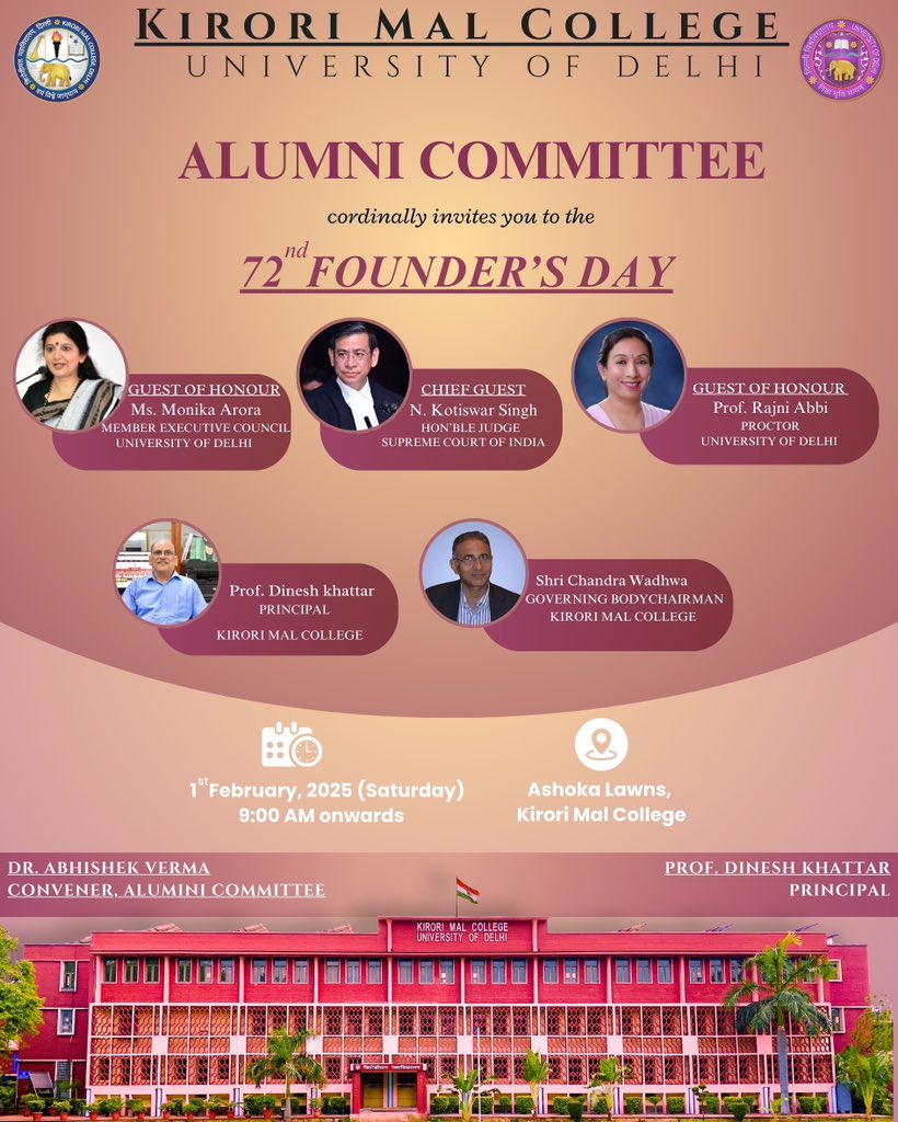 Dear #KMC Alumnus,

We are delighted to invite you to celebrate the 72nd Founder’s Day of our college.

We look forward to your gracious presence as we commemorate this momentous occasion together.

<a href="/KMCollegeDelhi/">Kirori Mal College</a> 

#KMCalumni #KiroriMalAlumni