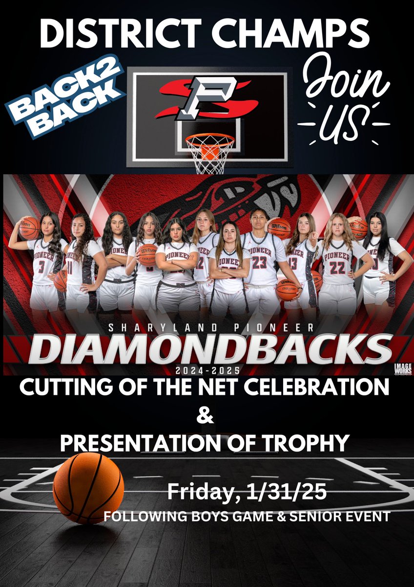 DBack_GHoops's tweet image. On Friday, 1/31, the Lady Diamondback Basketball Team would love to have you join them in the net cutting celebration and District Championship Trophy presentation. This will occur after the boys game and their senior event. Let’s make it a memorable event Pioneer Nation.