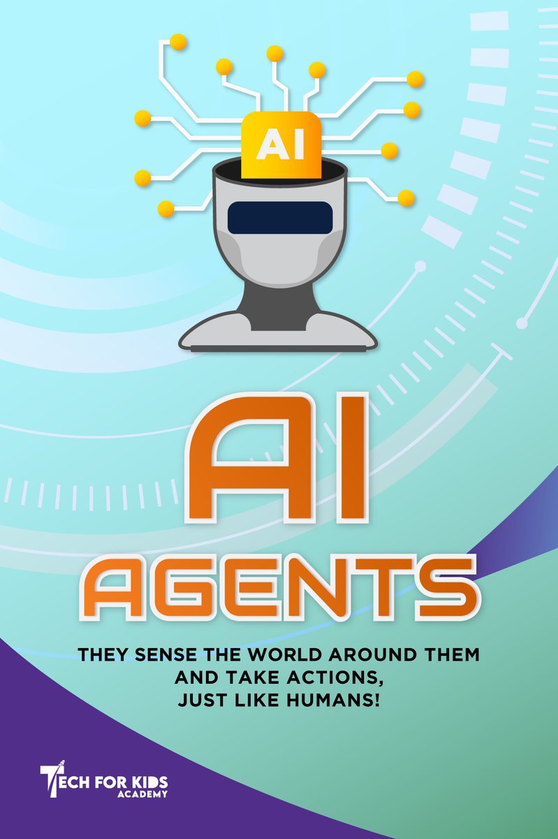TechforKidsAcad's tweet image. AI Agents are smart assistants that work independently, searching, recommending, and making decisions. Learn more about this exciting AI type! Sign up for Tech for Kids&apos; &quot;AI Explorers&quot; course (ages 11-12)! #Techforkidsacademy