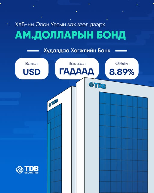 TDB_Securities's tweet photo. Монгол Улсын ууган арилжааны банк Худалдаа Хөгжлийн Банк өнгөрсөн оны 12-р сард Олон Улсын зах зээл дээрээс 200.0 сая ам.долларын ээлжит бондыг амжилттай арилжаалсан билээ.📷 https://t.co/UbUXmWJlDe