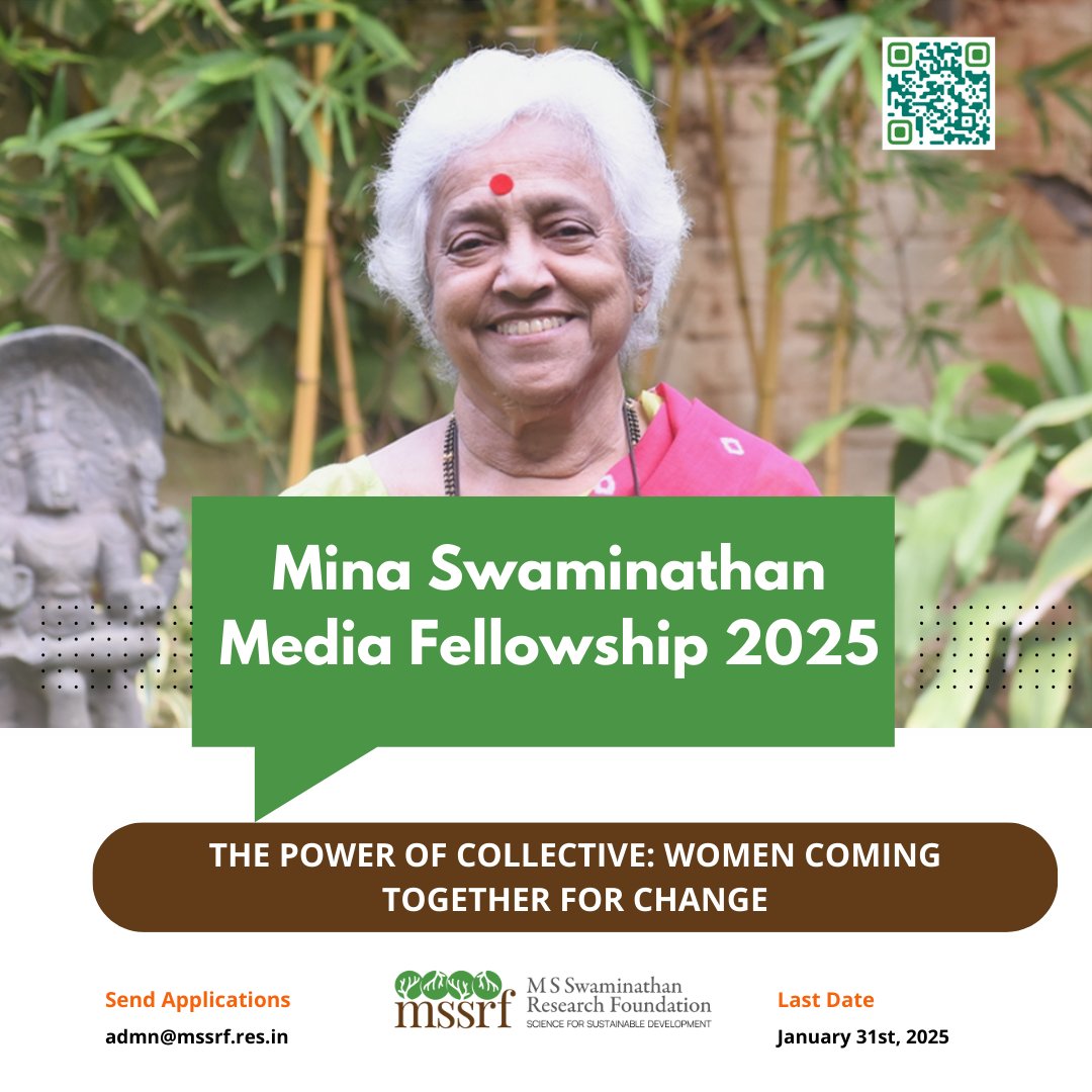 Mina Swaminathan #Media Fellowship 2025

#MSSRF offers opportunity for #journalists in #Odisha #Kerala &amp; #TamilNadu

Theme: The Power of collective: Women coming together for change

Full details here 👉 tinyurl.com/83c6ptxm
Apply today!