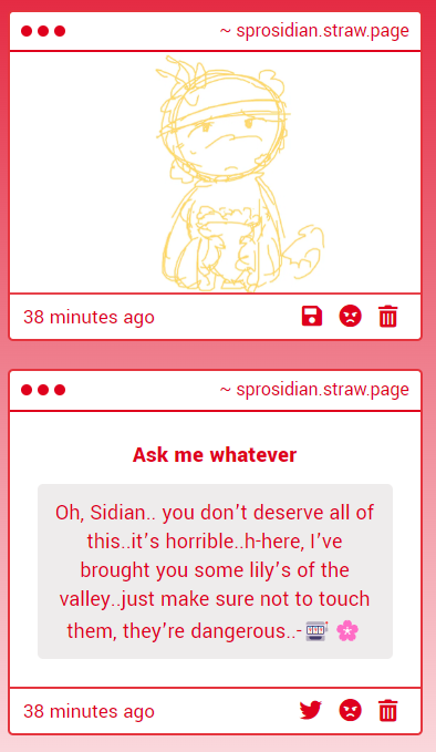 sprosidian_'s tweet photo. Oh.. t-thank you.. i love them.. y-you didnt have to come all the way out here just t-to bring me flowers.. i wish they d-didnt make me think of.... *a tears rolls down his cheek*

Sprosidian https://t.co/MV9T6QT2N1