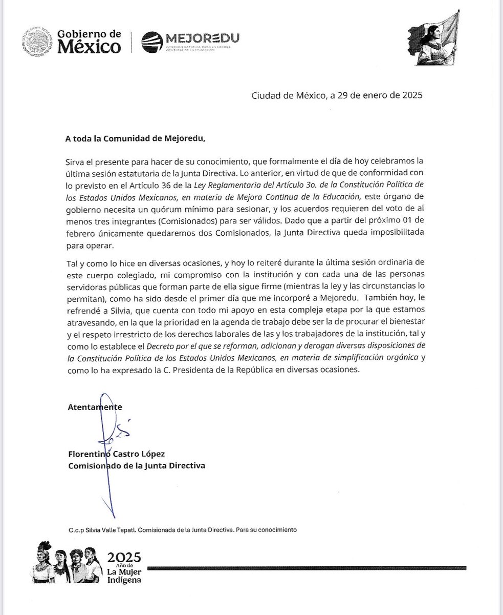 En pleno proceso de extinción, ⁦<a href="/MejoreduMX/">MEJOREDU</a>⁩ se va desintegrando.
Junta directiva del organismo celebró este miércoles su última sesión estatutaria debido a que uno de los tres últimos comisionados que la integraban renunció para ir por un cargo en ⁦<a href="/SECTEI_CDMX/">SECTEI CDMX</a>⁩ 🧵1