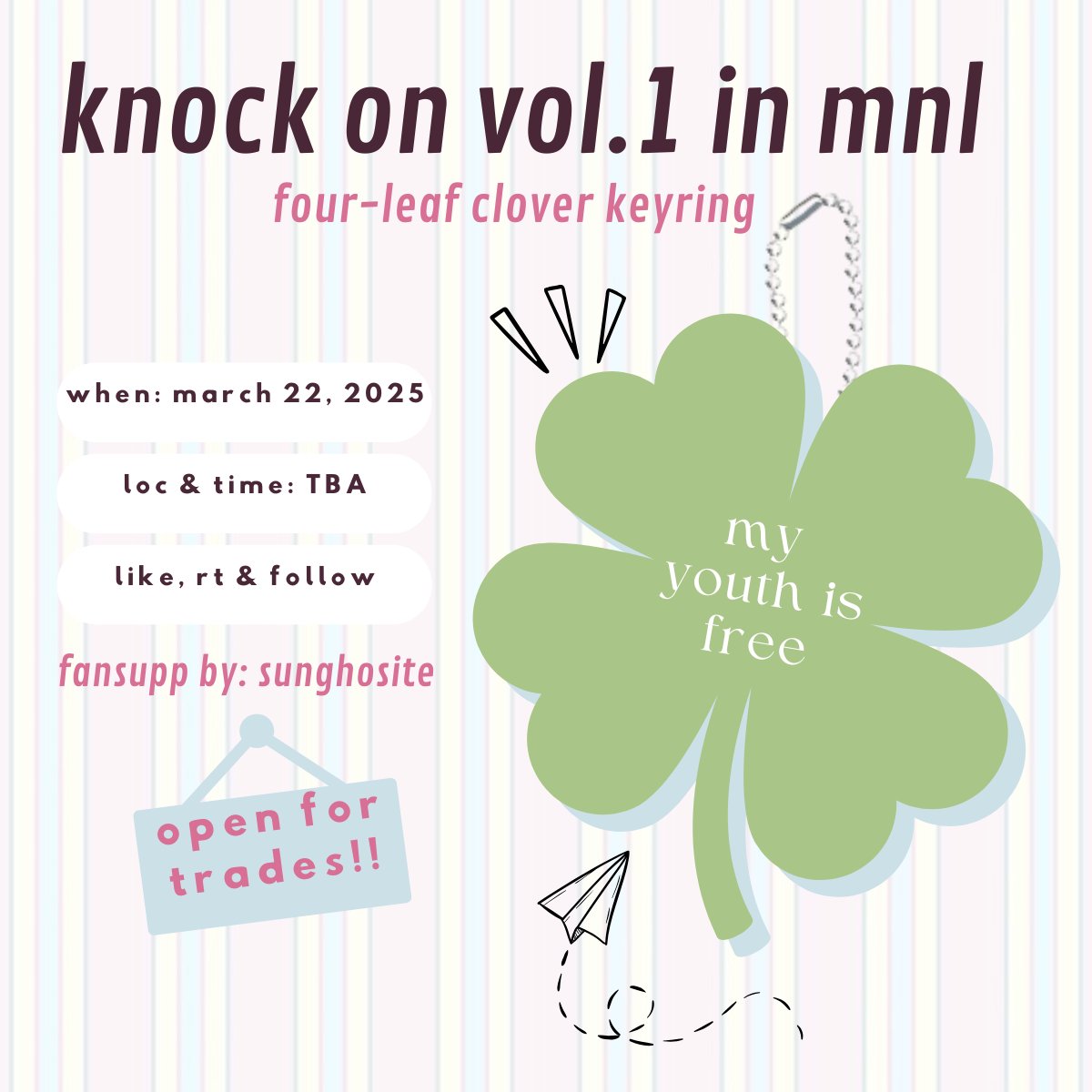𝗺𝘆 𝘆𝗼𝘂𝘁𝗵 𝗶𝘀 𝗳𝗿𝗲𝗲 🍀 ́˖‧₊˚✩彡
fansupport by <a href="/sunghosite/">nicole 𐙚</a>

☘︎  like rt &amp; follow 
☘︎  loc &amp; time: tba
☘︎  open for trades

celebrating the essence of youth with boynextdoor, see you juandoors !

#KNOCK_ON_Vol_1_IN_MANILA 
#THEFIRSTKNOCK
#BOYNEXTDOORinMANILA