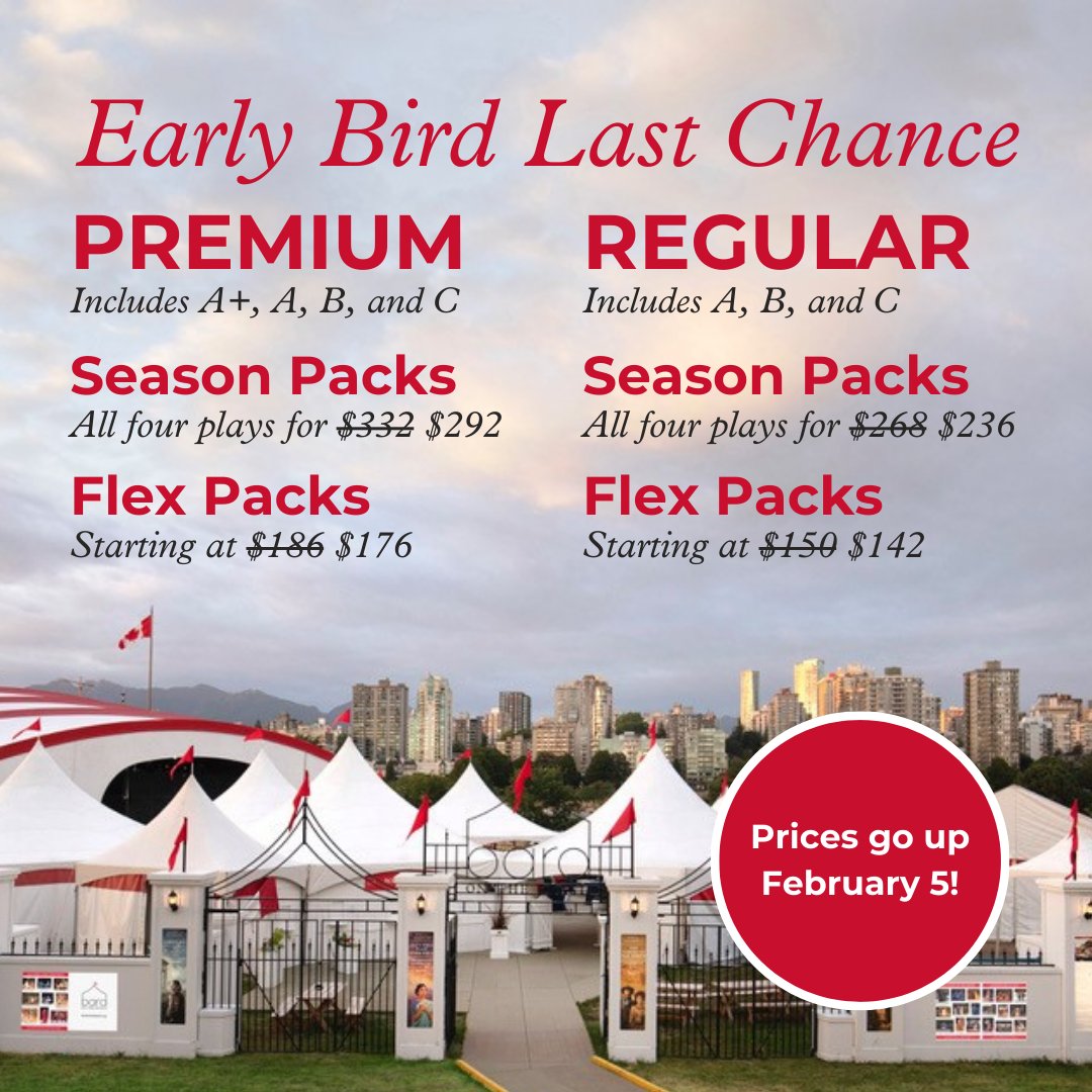Only one week remains to save up to 25% on your summer at Bard! Our Flex and Season Pack Early Bird rates will be available until February 5—we can't wait to start our Season with you! #Bard2025 

BUY PACKS: bardonthebeach.org/tickets/flex-s…