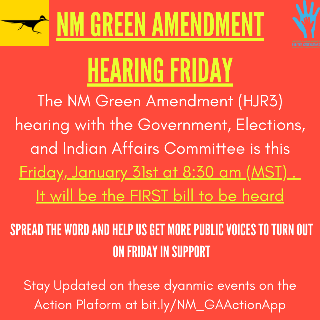 NM GREEN AMENDMENT HEARING THIS FRIDAY, JANUARY 31ST at 8:30 AM (MST)! It will be the FIRST bill to be heard in the Government, Elections, and Indian Affairs Committee. We encourage you to join our action platform for speedy updates at bit.ly/NM_GAActionApp (case sensitive).