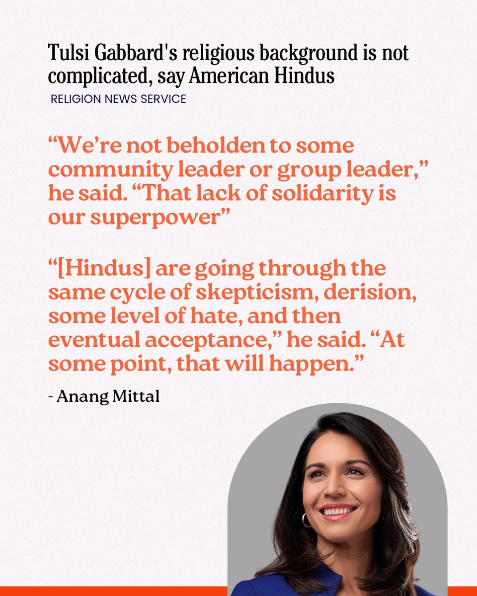 I talked to <a href="/RNS/">RNS</a> about the vile dual loyalty tropes being thrown at <a href="/TulsiGabbard/">Tulsi Gabbard 🌺</a> on the eve of her confirmation hearing as DNI. 
Hinduism has no singular leader or dogma. 
Any Senator or public leader assigning a loyalty test to Tulsi Gabbard must be condemned.
Link below: