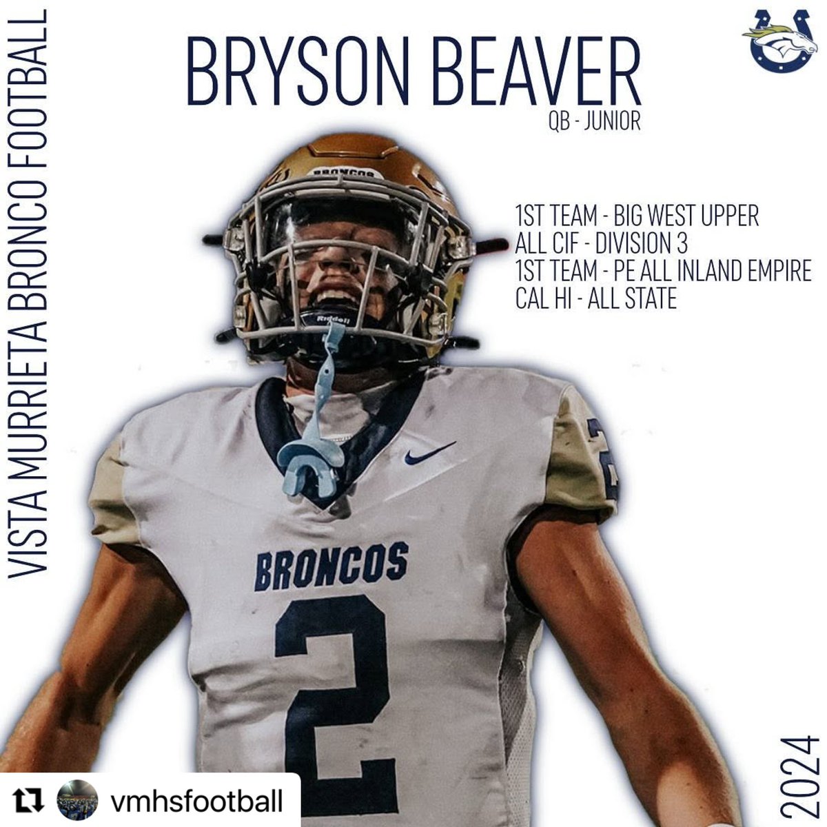 🌟 Exciting news! 🌟 Bryson Beaver, the standout VMHS QB, has made waves in one of the toughest football conferences in California. He threw for more yards than any other D3 quarterback and earned All State honors! 🏈 
<a href="/BrysonBeaverQB/">Bryson Beaver</a> 
<a href="/GregBiggins/">Greg Biggins</a> <a href="/BrandonHuffman/">Brandon Huffman</a> <a href="/BlairAngulo/">Blair Angulo</a>