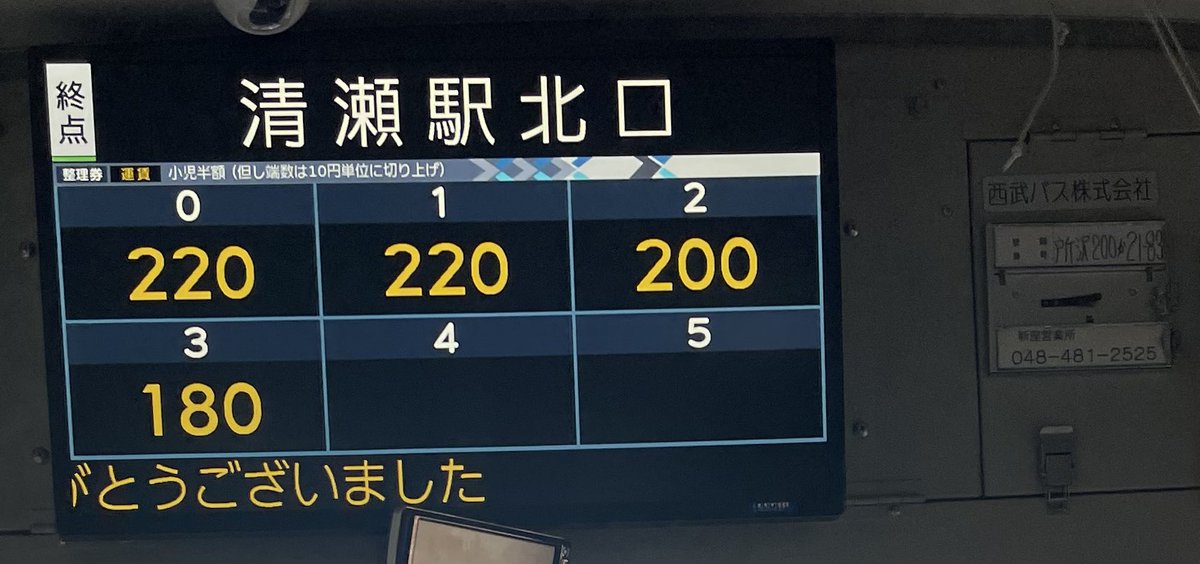 西武バス新座営業所の車両、LCD運賃表がレシップ製の大型1画面へ更新