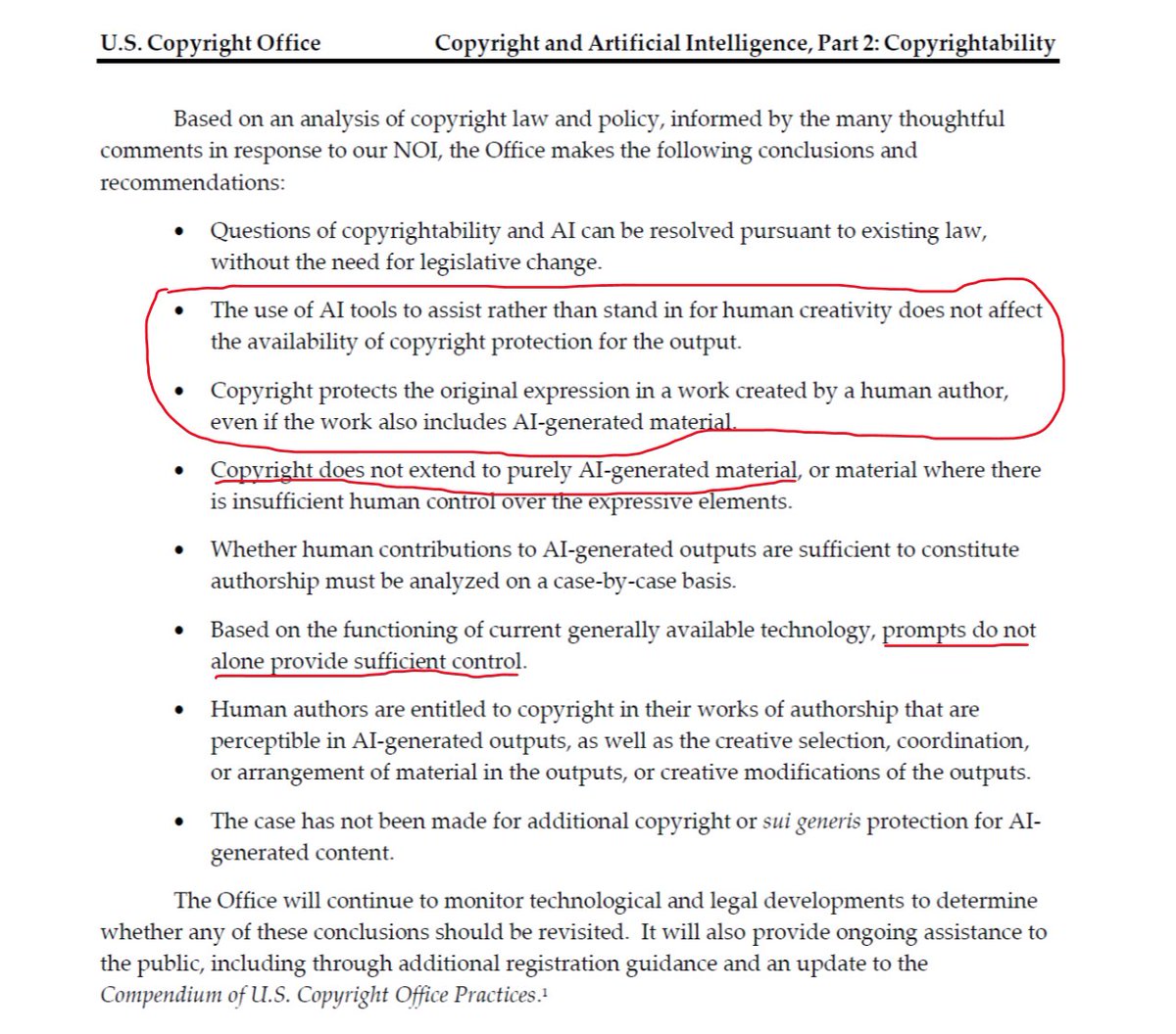 Tocelot's tweet photo. key update today from the US Copyright Office for protection of AI-generated works:
- a work can be copyrighted as long as human authorship is a core part of final work - this includes modifying or arranging AI-generated inputs
- humans using AI to generate drafts, edit/refine text, images, music, video, even use AI as a production or creative assistant all qualify for protection
- however just providing text prompts to an AI system is not enough to establish authorship

this aligns with historical precedent where copyright law has supported adoption of new technologies assisting in the creative process such as typewriters, cameras, film recorders, computers, etc

a great step in the right direction for creators who might have been using AI under the table up to now