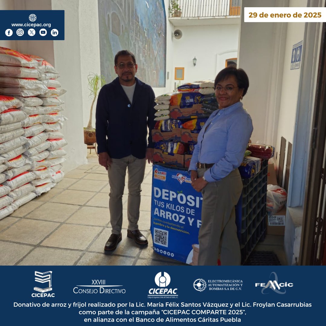 cicepac's tweet image. Donativo de arroz y frijol realizado por la Lic. María Félix Santos Vázquez y el Lic. Froylan Casarrubias como parte de la campaña “CICEPAC COMPARTE 2025”, en alianza con el @BAMXPuebla 

#CICEPAC #BAMX #CÁRITAS #arroz #frijol #ingenieríacivil #Puebla