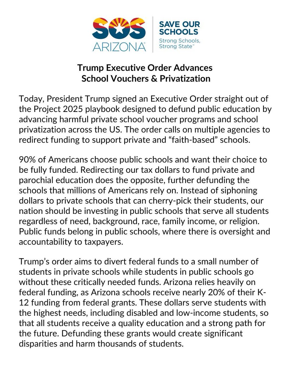 arizona_sos's tweet photo. Read our statement on President Trump’s Executive Order to advance school vouchers &amp; privatization. https://t.co/p2mEcChzoB