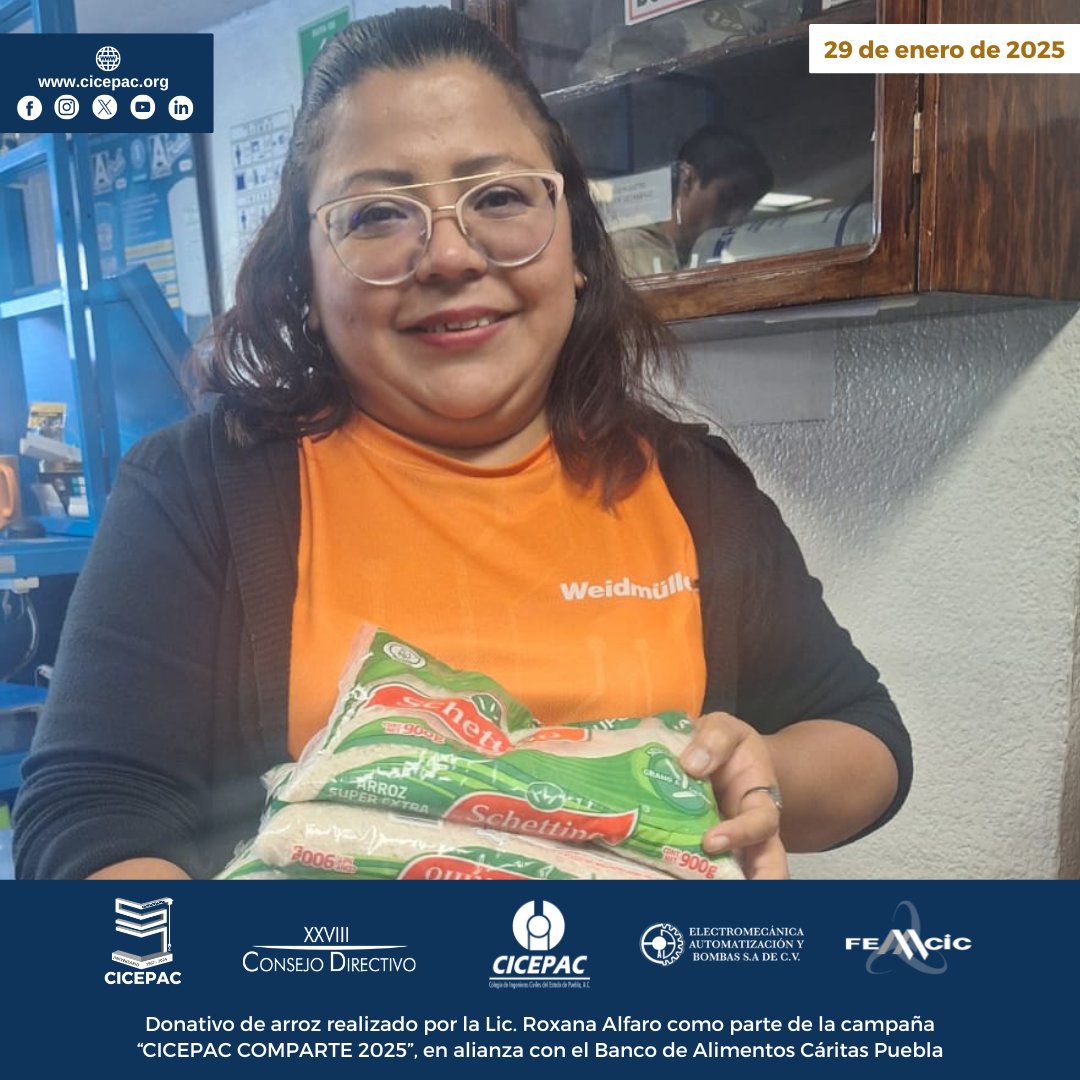 cicepac's tweet image. Donativo de arroz realizado por la Lic. Roxana Alfaro como parte de la campaña “CICEPAC COMPARTE 2025”, en alianza con el @BAMXPuebla 

#CICEPAC #BAMX #CÁRITAS #arroz #frijol #ingenieríacivil #Puebla
