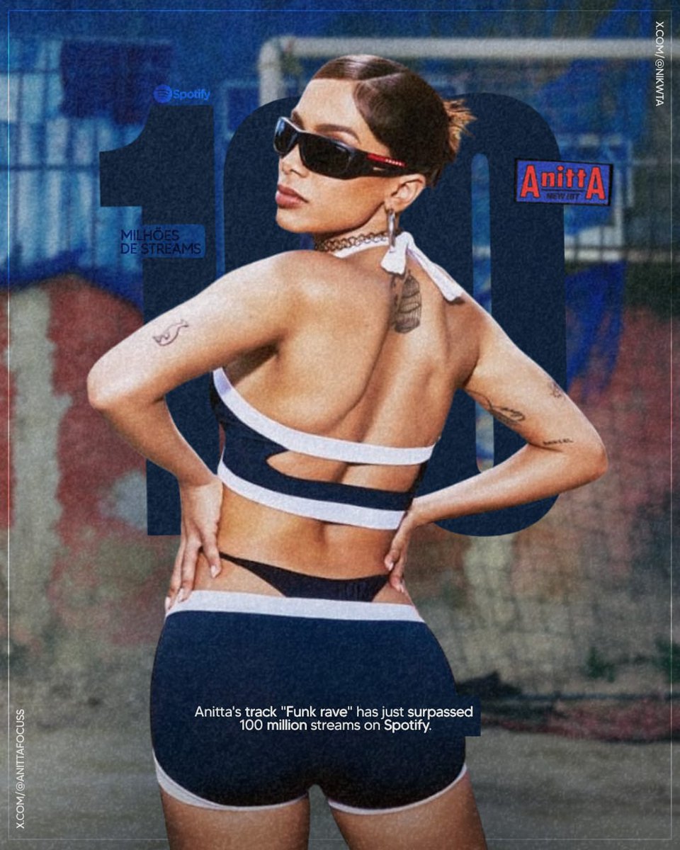 anittafocuss's tweet photo. "Funk Rave", de Anitta, acaba de atingir 100 milhões de streams no Spotify.

— É a primeira faixa do Funk Generation a alcançar esse feito e a 42ª música de Anitta a ultrapassar os 100 milhões na plataforma. https://t.co/NRvESNmmD2