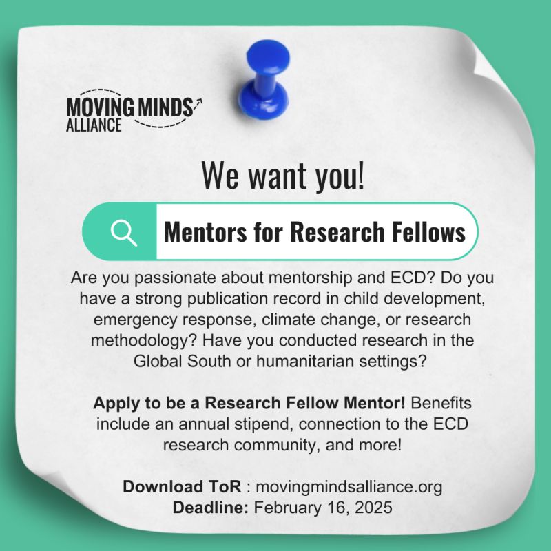 opportunitiesfy's tweet photo. 📢 Call for Mentors in Early Childhood &amp; Climate Resilience 

🌏The MMA Research Fellowship (2025-26) seeks experienced researchers to mentor Fellows in ECD &amp; Climate Emergencies for 12 months.

📅 Apply by Feb 16, 2025
📩 Apply Now: https://t.co/c09JXrIpPp
#MMAFellowship https://t.co/MKQD1pNA3a