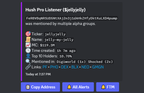 ai_hush's tweet image. 🚨 Hush Pro Listener caught $JELLYJELLY at 7.2K market cap… and it ran to 119M!

That’s a 16,528x multiplier if you sold the top. 

Hush AI stays ahead—are you listening?