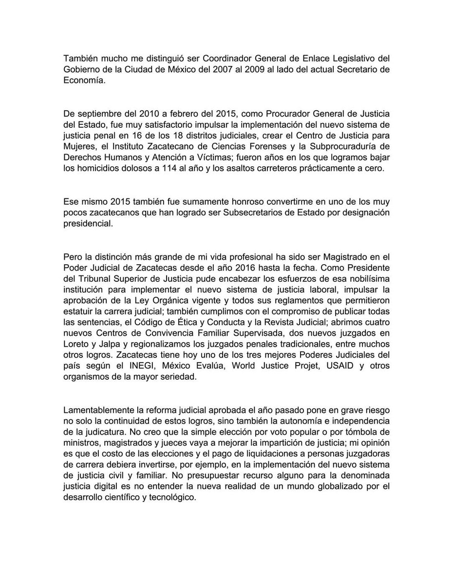 ClaudiAnaya's tweet photo. Renuncia el Magistrado Arturo Nahle al @TribunalZac

Expone en carta; "No creo que la simple elección por voto popular o por tómbola de ministros, magistrados y jueces vaya a mejorar la impartición de justicia"

Mi admiración y respeto a este gran Zacatecano 

#ReformaJudicial https://t.co/cdUJHH2cp4