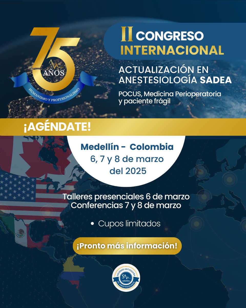 II Congreso Internacional de Actualización en Anestesiología SADEA

📅 Reserva la fecha: 6, 7 y 8 de marzo de 2025
📍 Medellín, Colombia

Únete a este evento único
🌟 Cupos limitados
🔜 ¡Pronto más información!