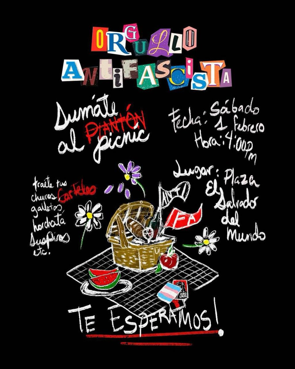 Sumate al picnic plantón
ORGULLO ANTIFASCISTA🏳️‍🌈🏳️‍⚧️🔥
Porque en colectividad se sostiene la resistencia 🍊
Sábado 1 de febrero 
Plaza Salvador del mundo 
4:00pm 
Horchata y suspiros para luchar contra el fascismo 
¡Te esperamos! 
#males #somosmales #lgbtiqa #orgulloantifa