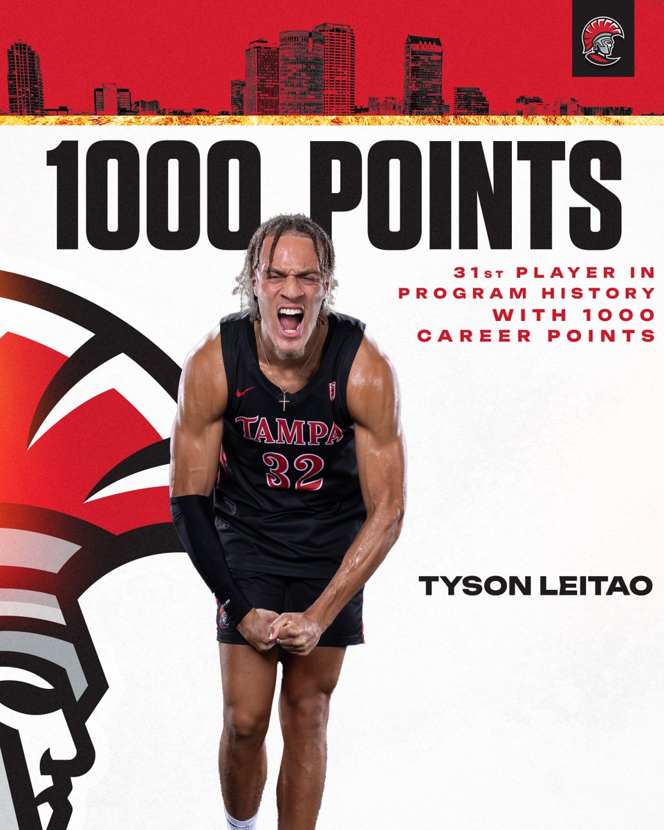 UTampaMBB's tweet photo. 🚨MILESTONE ACHIEVED🚨

With a tough three-point play in the first half tonight, Tyson Leitao has reached 1000 points for his career 🔥

#TampaMBB #StandAsOne🛡️ https://t.co/4sYwfF6UZh