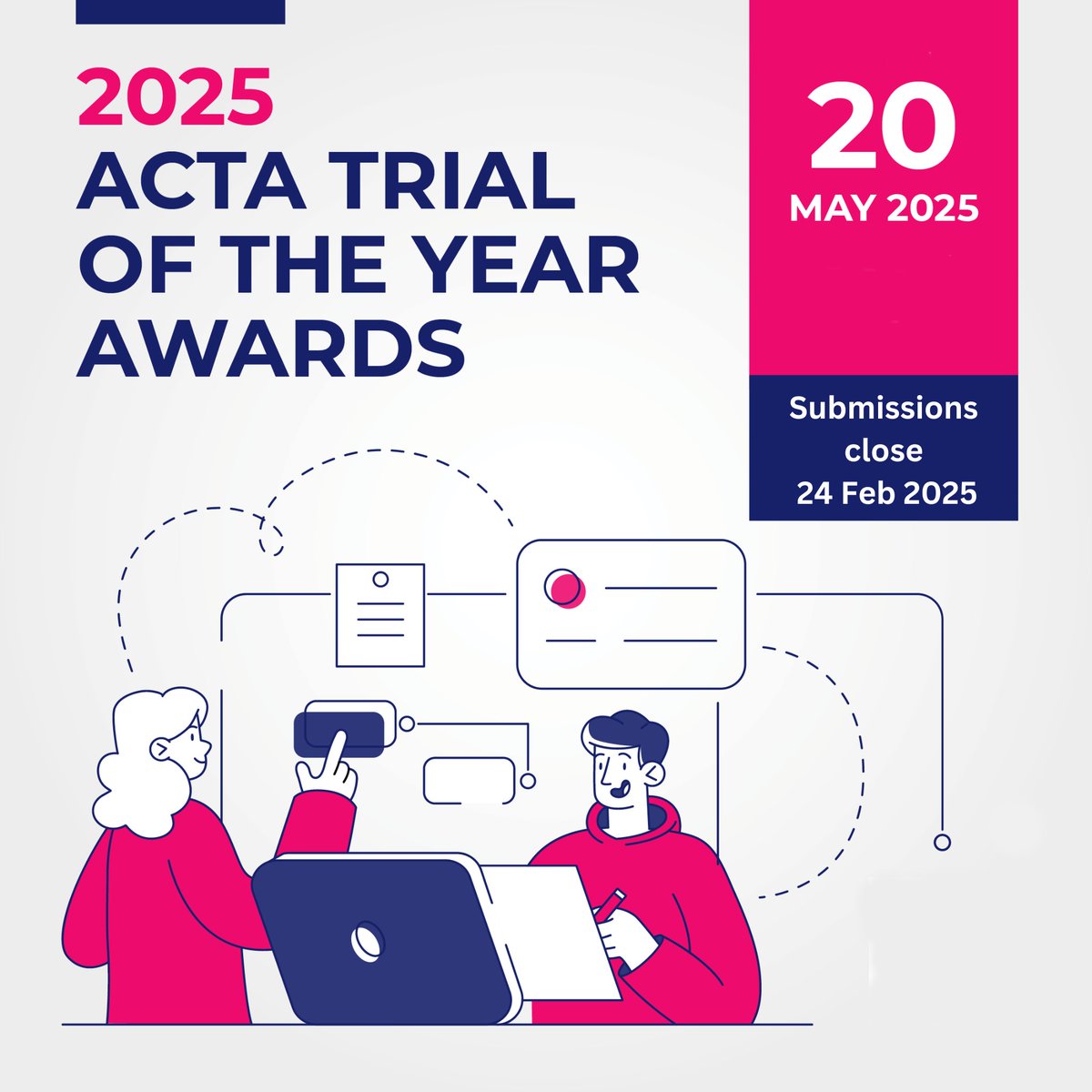 ACTA: Australian Clinical Trials Alliance (@acta_org) on Twitter photo Submissions for theย ACTA 2025 Trial of the Year Awards will close in 3 weeks!
๐๐จ๐ฐ ๐ญ๐จ ๐ง๐จ๐ฆ๐ข๐ง๐๐ญ๐: bit.ly/TOTY_2025
๐๐ฎ๐๐ฆ๐ข๐ฌ๐ฌ๐ข๐จ๐ง๐ฌ ๐๐ฅ๐จ๐ฌ๐: 5PM AEDT, 24 February 2025
๐๐ฐ๐๐ซ๐๐ฌ ๐๐๐ซ๐๐ฆ๐จ๐ง๐ฒ: 20 May 2025
#TOTY #Trialoftheyearawards Submissions for theย ACTA 2025 Trial of the Year Awards will close in 3 weeks!
๐๐จ๐ฐ ๐ญ๐จ ๐ง๐จ๐ฆ๐ข๐ง๐๐ญ๐: bit.ly/TOTY_2025
๐๐ฎ๐๐ฆ๐ข๐ฌ๐ฌ๐ข๐จ๐ง๐ฌ ๐๐ฅ๐จ๐ฌ๐: 5PM AEDT, 24 February 2025
๐๐ฐ๐๐ซ๐๐ฌ ๐๐๐ซ๐๐ฆ๐จ๐ง๐ฒ: 20 May 2025
#TOTY #Trialoftheyearawards