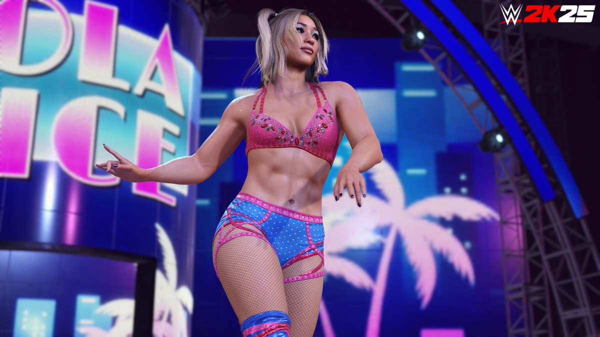 WWEgames's tweet photo. Her Fists Don’t Lie!🩵🩷 #FirstLook #WWE2K25 @lolavicewwe https://t.co/OwrQjH4r0O
