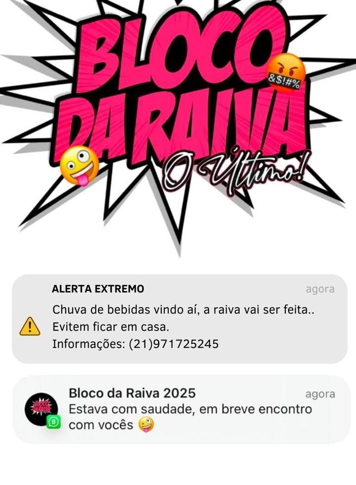 ALERTA EXTREMO:
Chuva de bebidas vindo aí.
A raiva vai ser feita!
em breve maiores informações!