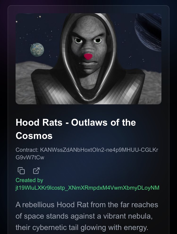 LTO (@true_jdharmony) on Twitter photo Our <a href="/HoodRatNFTs/">đar://hoodrats â</a> Outlaws of the Cosmos collection can be traded on a bonding curve model on <a href="/aopump_fun/">aopump.fun</a>
Take a look:
aopump.fun/#/trade/KANWss⌠Our <a href="/HoodRatNFTs/">đar://hoodrats â</a> Outlaws of the Cosmos collection can be traded on a bonding curve model on <a href="/aopump_fun/">aopump.fun</a>
Take a look:
aopump.fun/#/trade/KANWssâŚ
